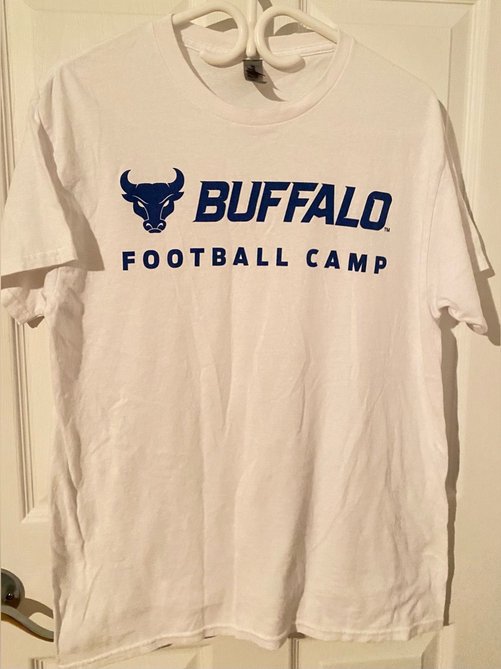 3/25$ Gildan White Short-Sleeve Tee with Blue Buffalo Football Camp Logo